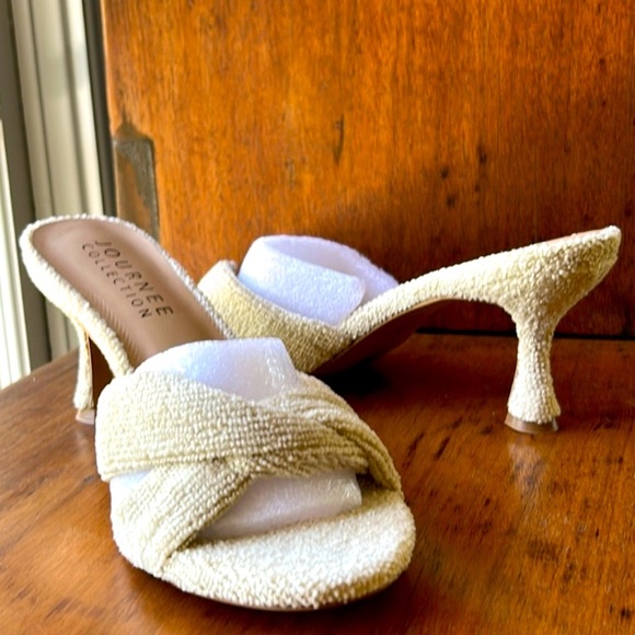 Terry Cloth Tan Women's Heels Kitten Heels Preppy Open Toe Sandals - Picture 1 of 15